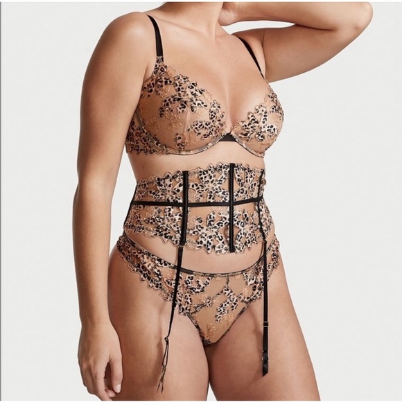 3pc Victoria’s Secret Very Sexy Sheer Leopard Bra‎ Waist Cincher Garter & Thong - Picture 3 of 17